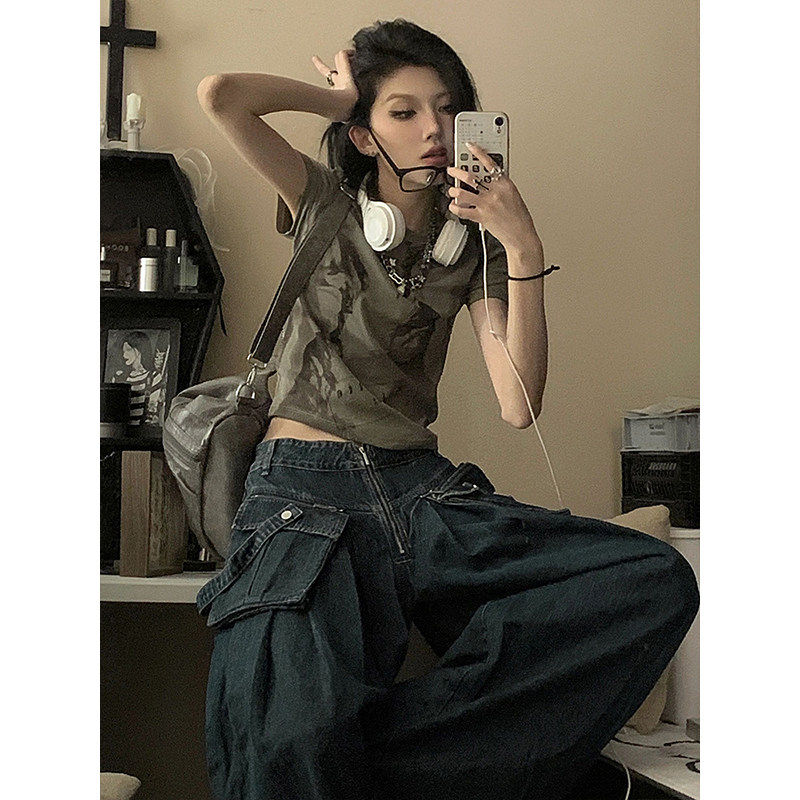 美式创意人像印花正肩短袖t恤女夏季新款复古辣妹修身短款上衣潮