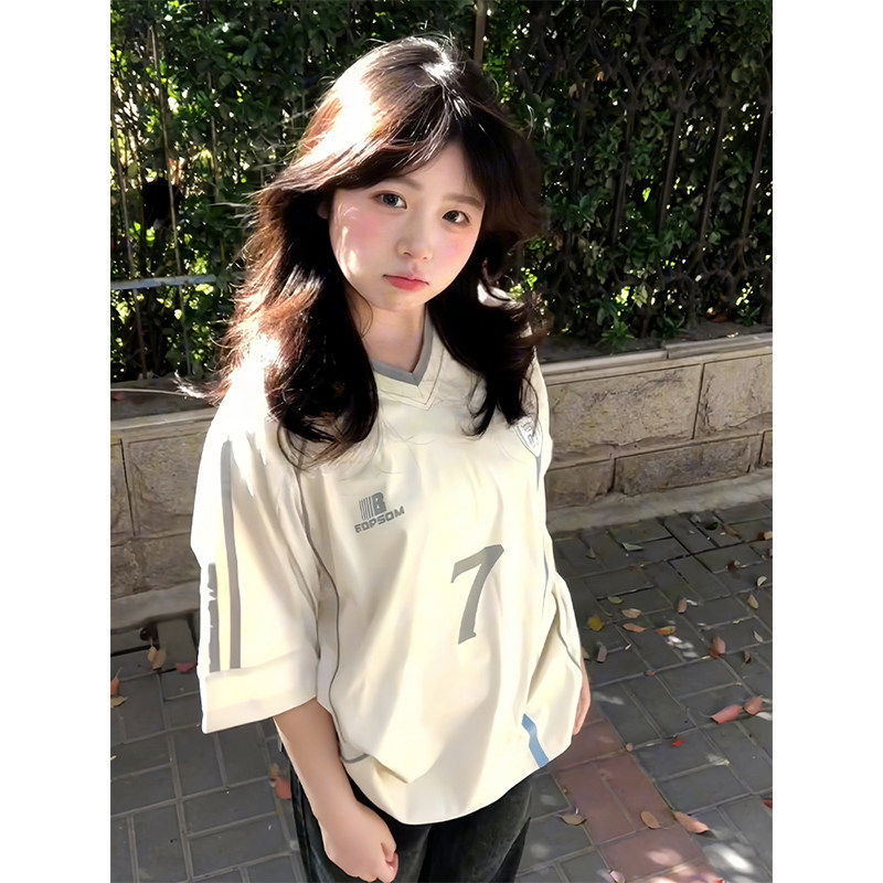 美式撞色拼接宽松oversize棒球领短袖t恤女夏季情侣款棒球服上衣