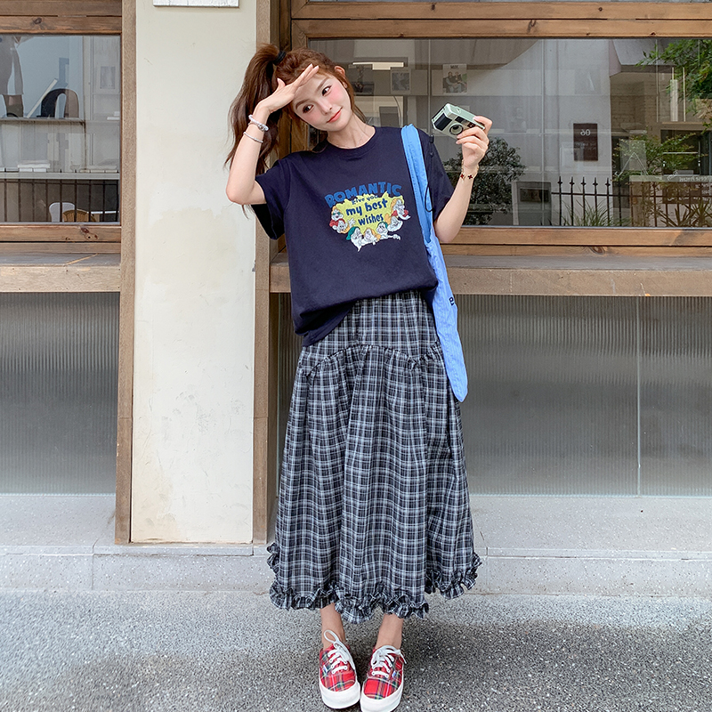法式休闲T恤格子半身裙套装女夏2025新款两件套巨好看清冷松弛感，女装套装/套裙，浙宝301