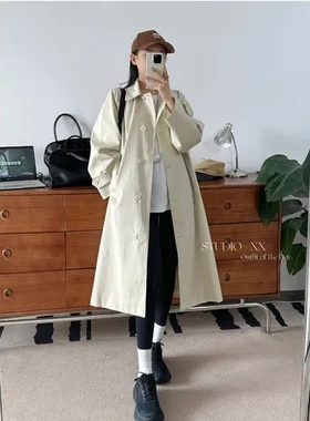 风衣廓形简约设计师小众女高密！单排扣纯棉中长款外套秋斜纹抗风