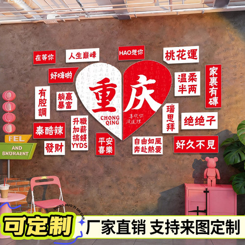 网红打卡背景墙拍照区布置餐饮烧烤火锅饭店装饰墙贴城市地名定制