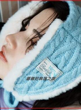 韩国代购rockfish 羊毛针织毛绒一片式系带耳套帽 可爱保暖护耳套