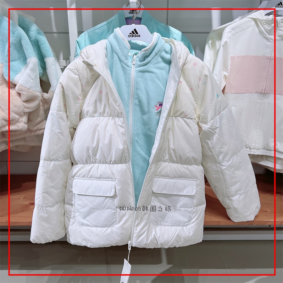 韩国代购Adidas阿迪达斯儿童小女童装鹅绒保暖羽绒服外套IQ1358