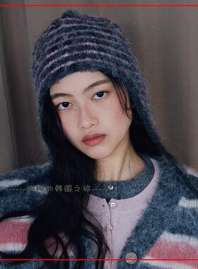 韩国代购rockfish 女款茸毛条纹绑带帽子保暖针织套头帽 两种戴法