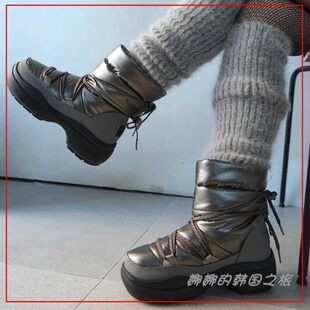 韩国代购rockfish中筒厚底雪地靴增高5cm绑带羊毛保暖棉鞋女子