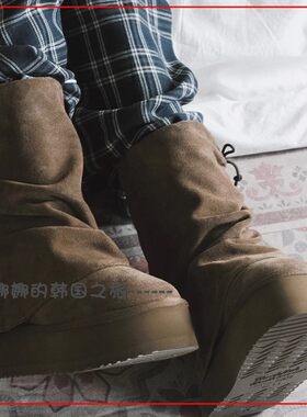 韩国代购rockfish 外翻中筒雪地靴 厚底5cm 侧面串珠装饰时尚靴子