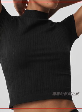 韩国代购ALO Seamless Pointelle小立领短款短袖 针织镂空上衣