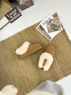 2025新款女圆头真皮舒适百搭时尚平底羊毛保暖一脚蹬塔茨勒栗色：