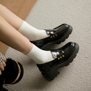 2026新款真皮圆头厚底乐福鞋女英伦风小皮鞋高跟一脚蹬单鞋