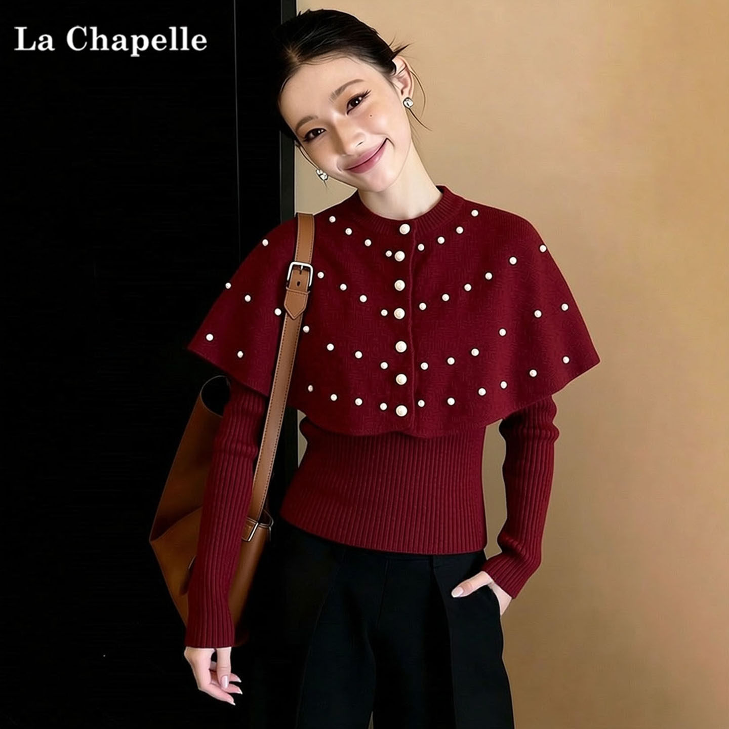 拉夏贝尔2025年冬季重工钉珠斗篷披肩打底针织衫上衣春节新年套装,女装/女士精品,大码内搭,淘宝优惠券,粉丝福利购,淘宝优惠卷