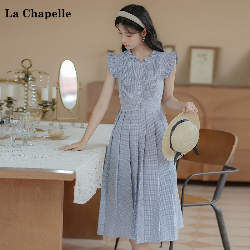 拉夏贝尔/La Chapelle2024年夏季新款木耳边格子收腰显瘦连衣裙子