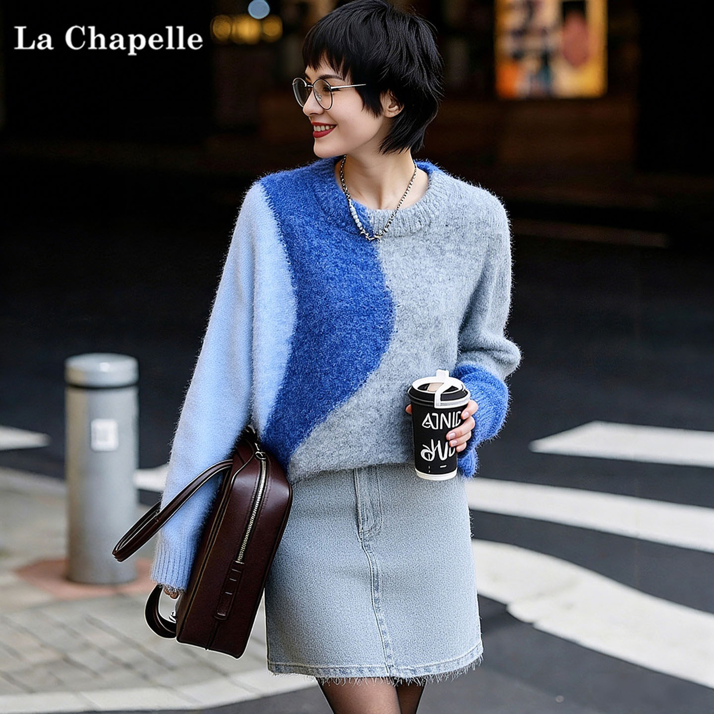 拉夏贝尔2025年冬季拼色圆领套头宽松显瘦慵懒风百搭毛衣上衣女,女装/女士精品,大码内搭,淘宝优惠券,粉丝福利购,淘宝优惠卷