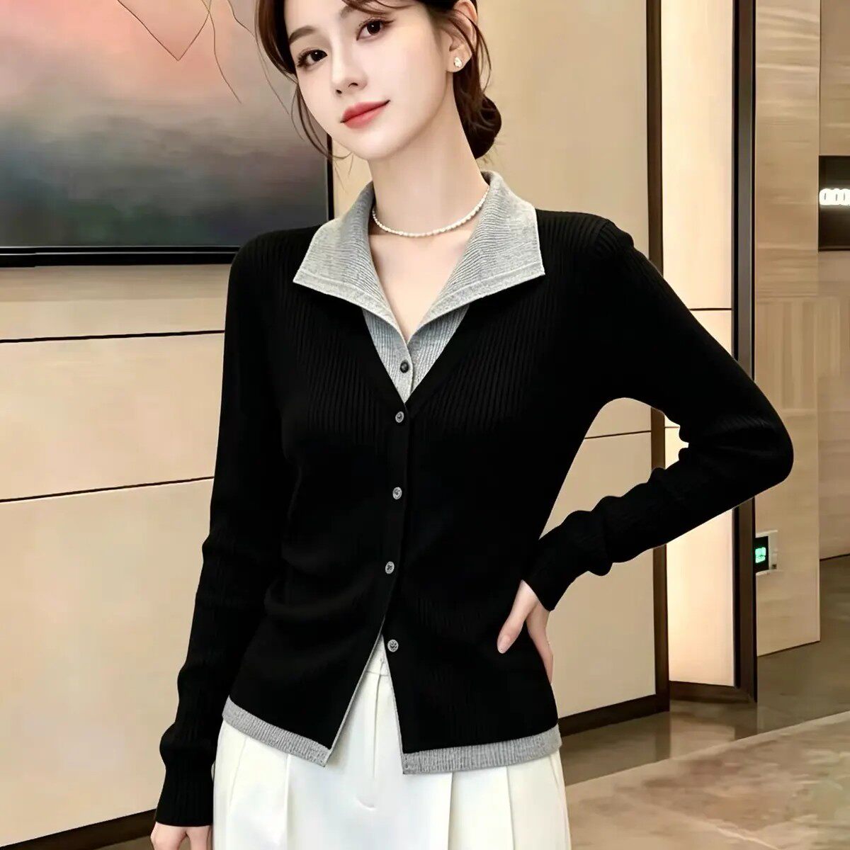 秋季翻领拼接针织衫女叠穿上衣