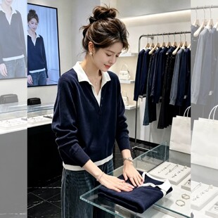 藏青色假两件宽松polo领针织衫早秋装女款2026新款法式轻熟风上衣