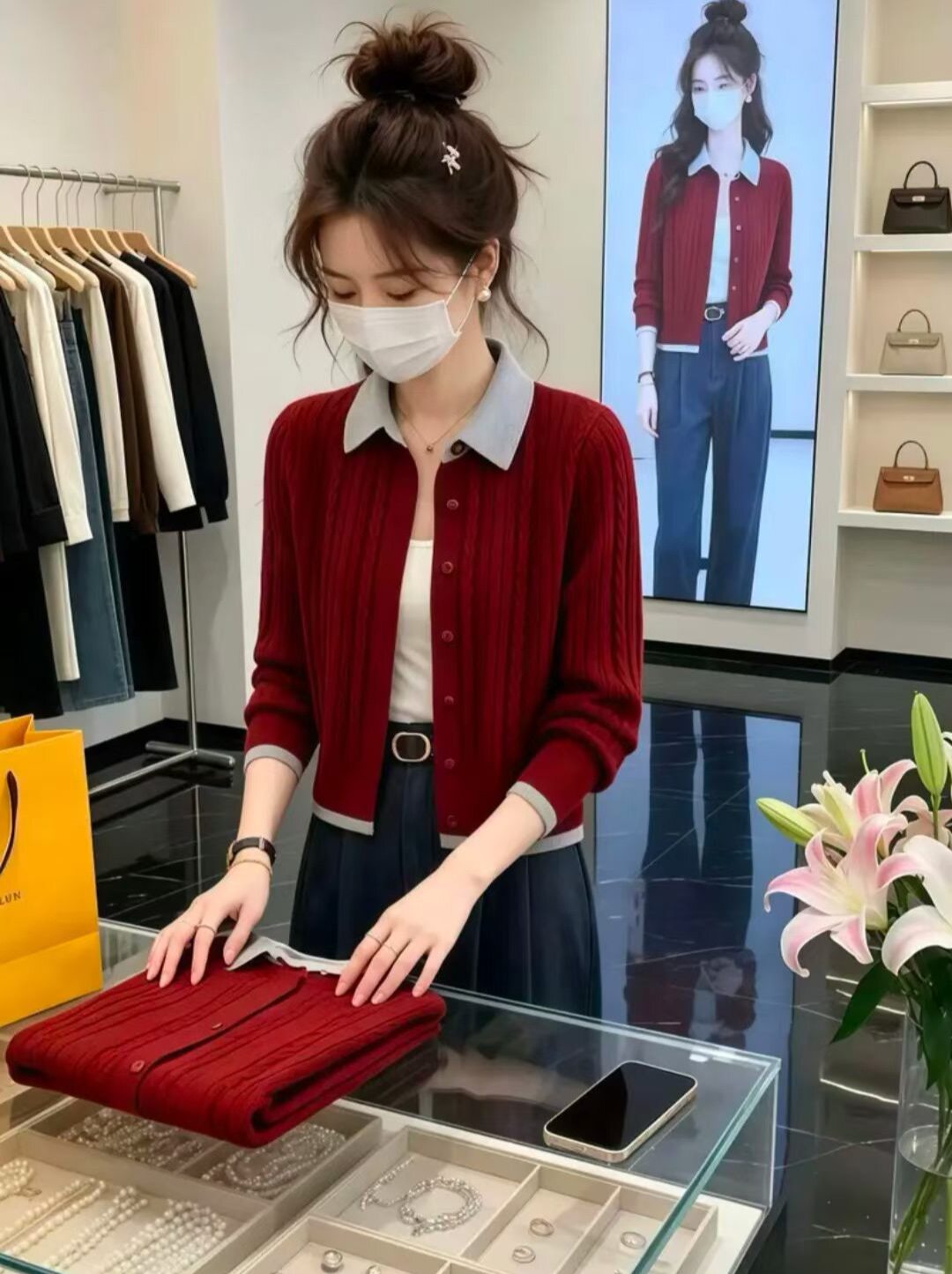 撞色针织开衫女秋季翻领上衣外套
