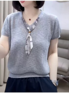 灰色V领丝巾冰丝针织短袖女夏季新款宽松洋气T恤时尚气质上衣爆款