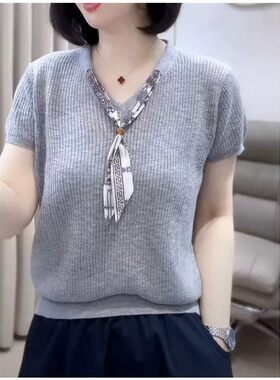 V领丝巾冰丝针织短袖女夏季上衣