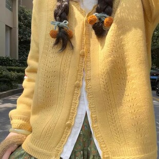 黄色毛衣外套女2026春季新款穿搭韩系镂空针织开衫加厚小个子上衣