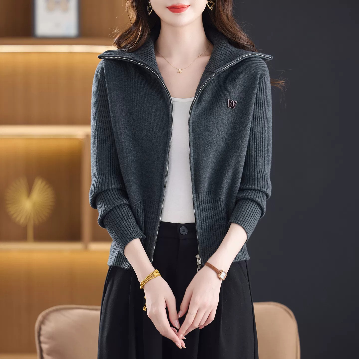拉链针织开衫女秋冬毛衣外套上衣图片