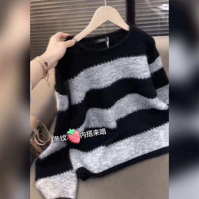 条纹圆领针织衫女秋冬季毛衣上衣
