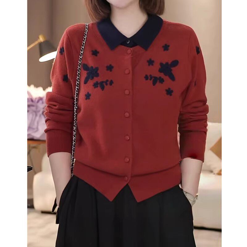 开衫外套毛衣女2026新款春秋红色翻领假两件羊毛衫短款针织衫上衣