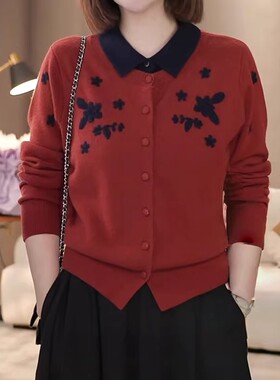 开衫外套毛衣女2026新款春秋红色翻领假两件羊毛衫短款针织衫上衣