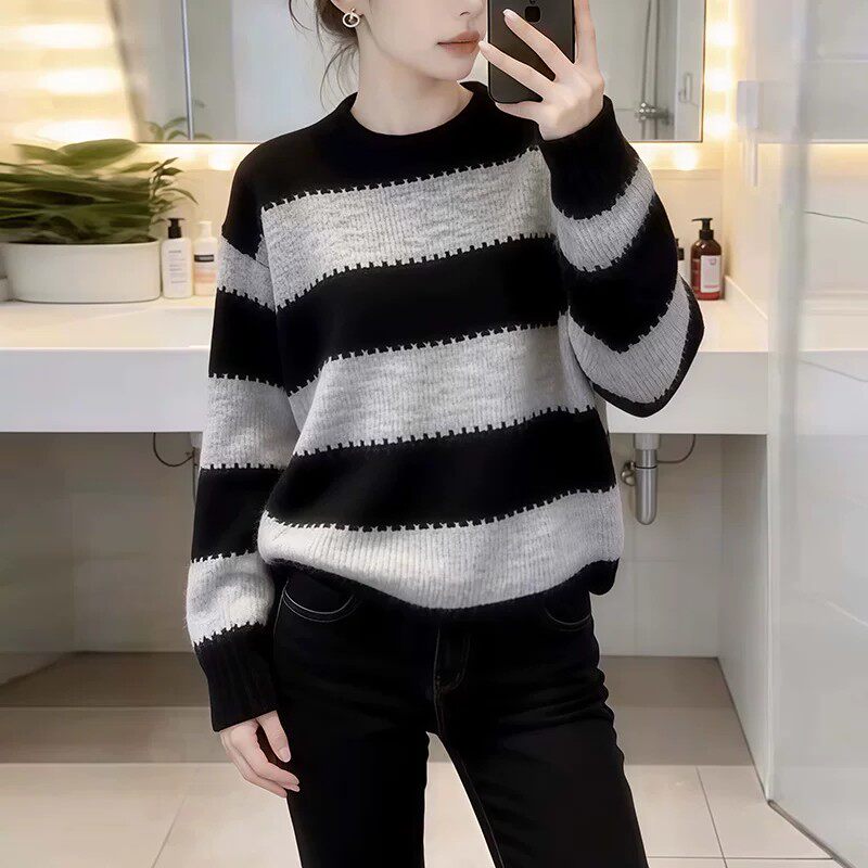 条纹毛衣女装秋冬百搭针织衫上衣