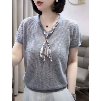 莱赛尔天丝短袖飘带V领针织衫女夏季薄款宽松显瘦百搭气质上衣T恤