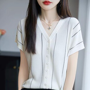 竖条纹V领短袖T恤女夏季新款爆款宽松大码落肩袖冰丝针织开衫上衣