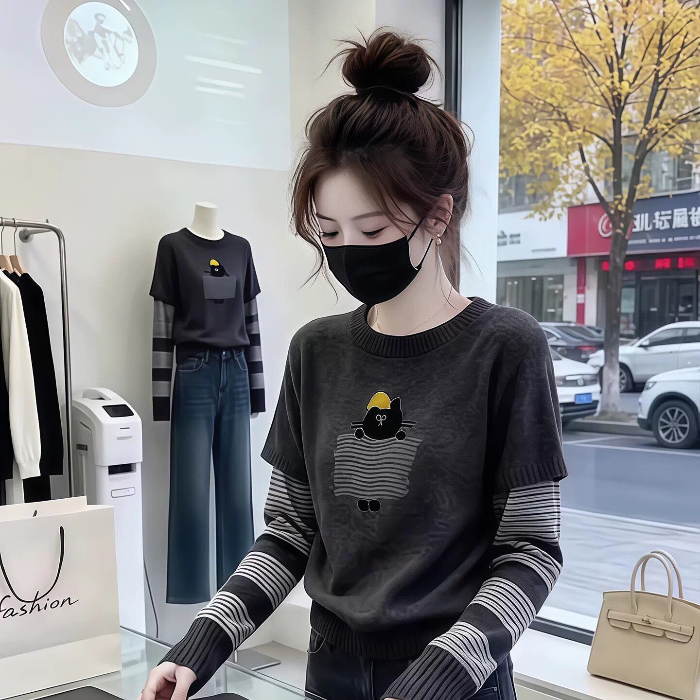 条纹拼接假两件针织毛衣打底上衣