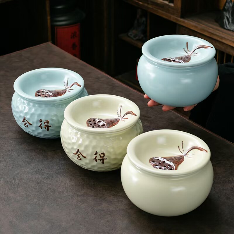 汝窑建水大号陶瓷家用茶渣缸茶道配件茶盂水盂壶承茶水桶带盖茶道