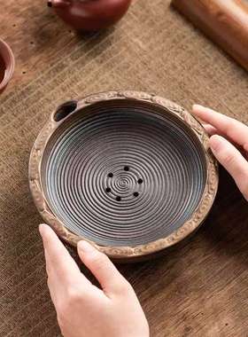 原矿粗陶鎏金壶承日式干泡台古朴粗矿茶承储水壶拖家用茶道零配件