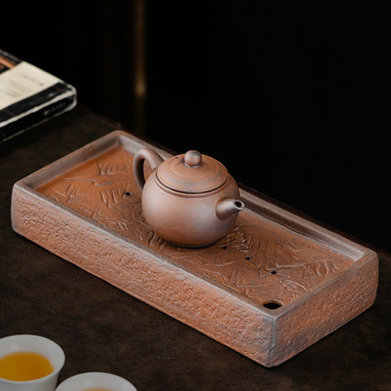 粗陶老岩泥干泡盘壶承茶盘长方形干泡台茶壶茶杯排水式茶台茶具