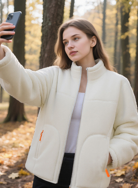 Women Fleece Stand Neck Jacket Zip Warm Lamb Wool Coat Solid