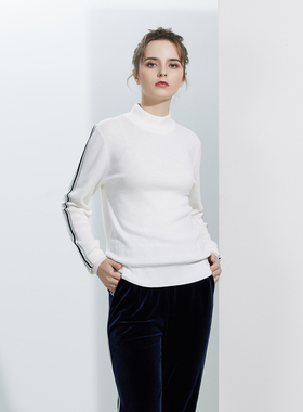 你的样子 白色羊毛针织撞色条纹烟囱领套头针织毛衫