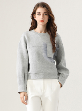 童趣 灰色日常休闲优雅宽松百搭简约空气层套头圆领短款卫衣