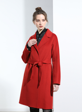 冬恋 红色纯羊毛水波纹双面呢中长款大衣