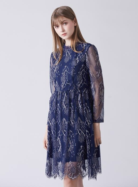 深蓝色A字廓形金属丝提花小立领蕾丝连衣裙