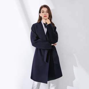 名伶 女士大衣 藏蓝翻领纯羊毛双面呢中长款