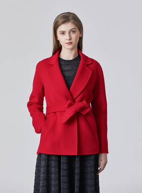 赤霞  红色纯羊毛双面呢系腰带短款大衣