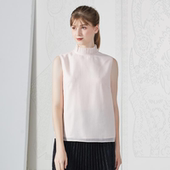 香蜜 裸粉色欧根纱工字褶立领套头无袖 上衣
