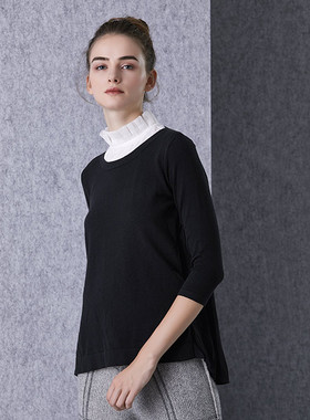 黑色针织美利奴羊毛拼雪纺圆领套头衫