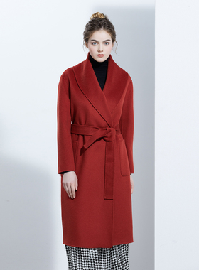 序曲 节日红色纯羊毛水波纹双面呢大翻领长款大衣