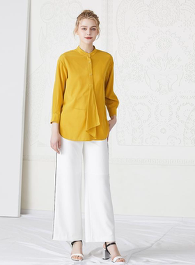盈盈 黄色立领荷叶边16姆米弹力双绉真丝衬衫