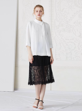 悠然白色不规则斜襟翻领衬衫