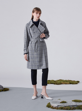 G-ZEN COLLECTION蓝色格纹大翻领风衣双排扣大廓形风衣外套
