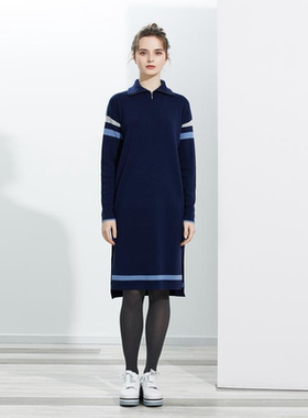 2024新款藏蓝色羊毛拉链领撞色条纹连衣裙