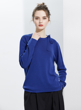 蓝色美利奴羊毛针织圆领系带套头毛衣针织衫