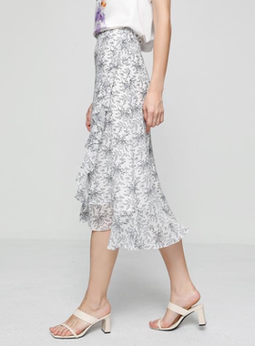 香卉 白色雪纺碎花荷叶边半身裙