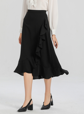 2024新款早秋黑色百搭荷叶边中长款半身裙